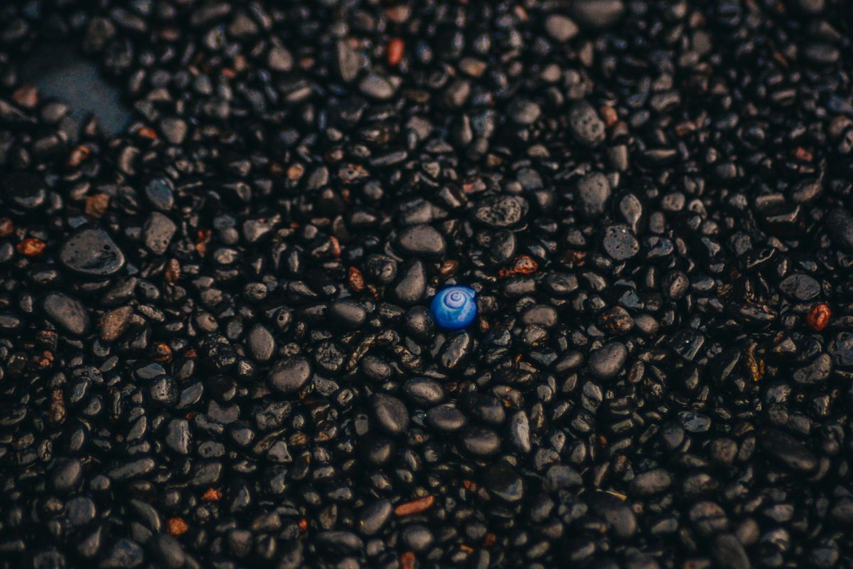 a black pebble beach with a single, bright blue stone in the center.