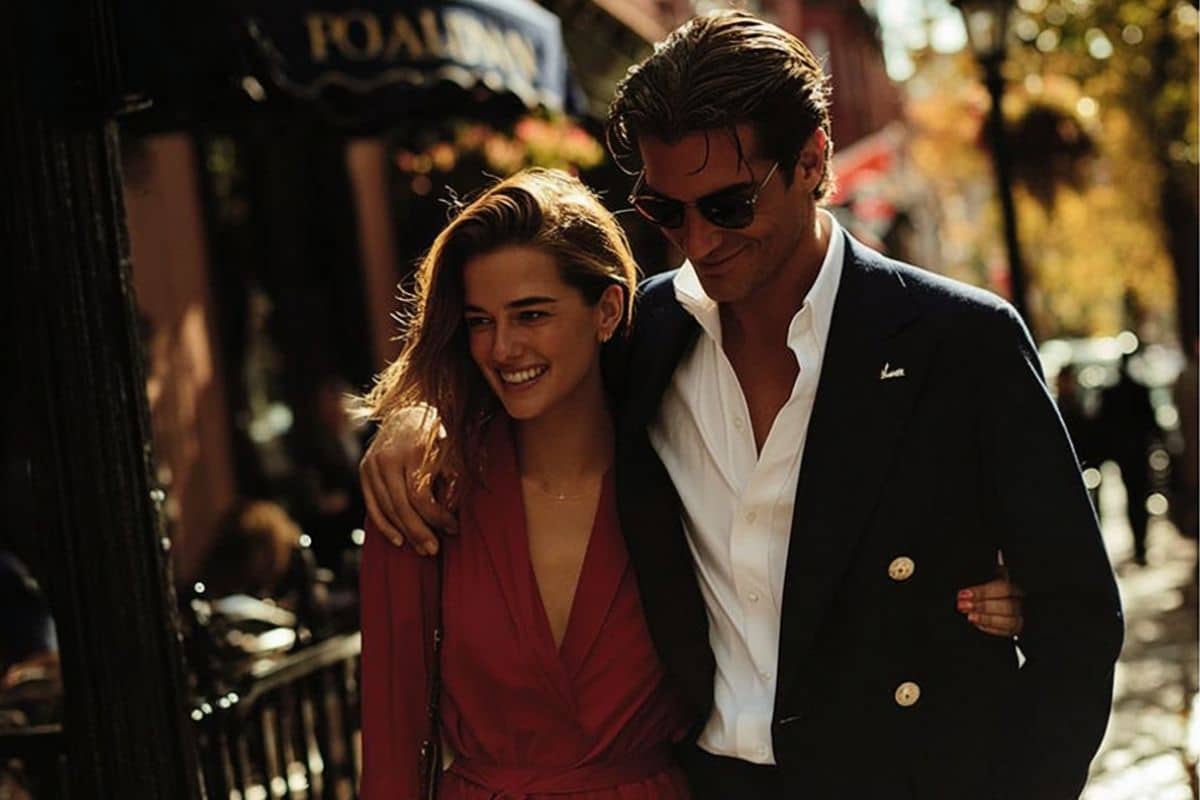 A well-dressed couple walking with arms around one another. They are smiling intimately.